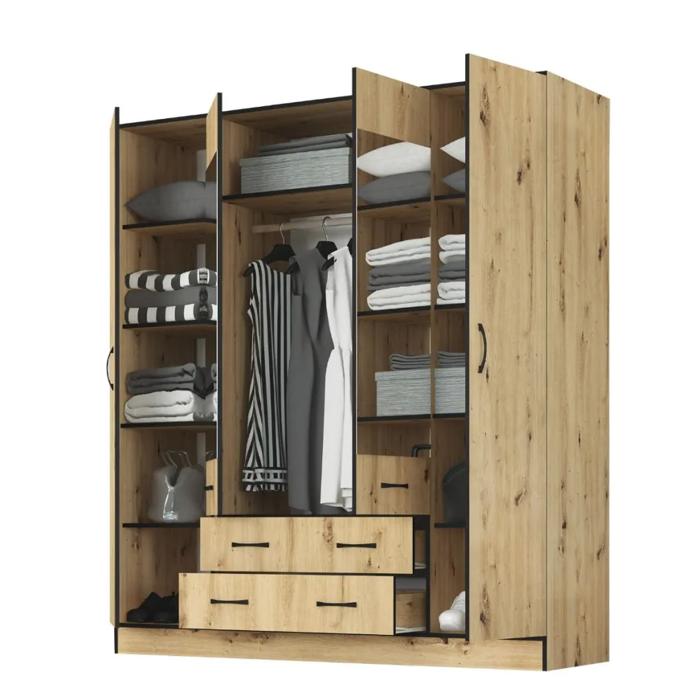 Armadio moderno con specchio e 2 cassetti 180x200 cm rovere chiaro e nero AG53
