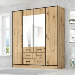 Armadio moderno con specchio e 2 cassetti 180x200 cm rovere chiaro e nero AG53