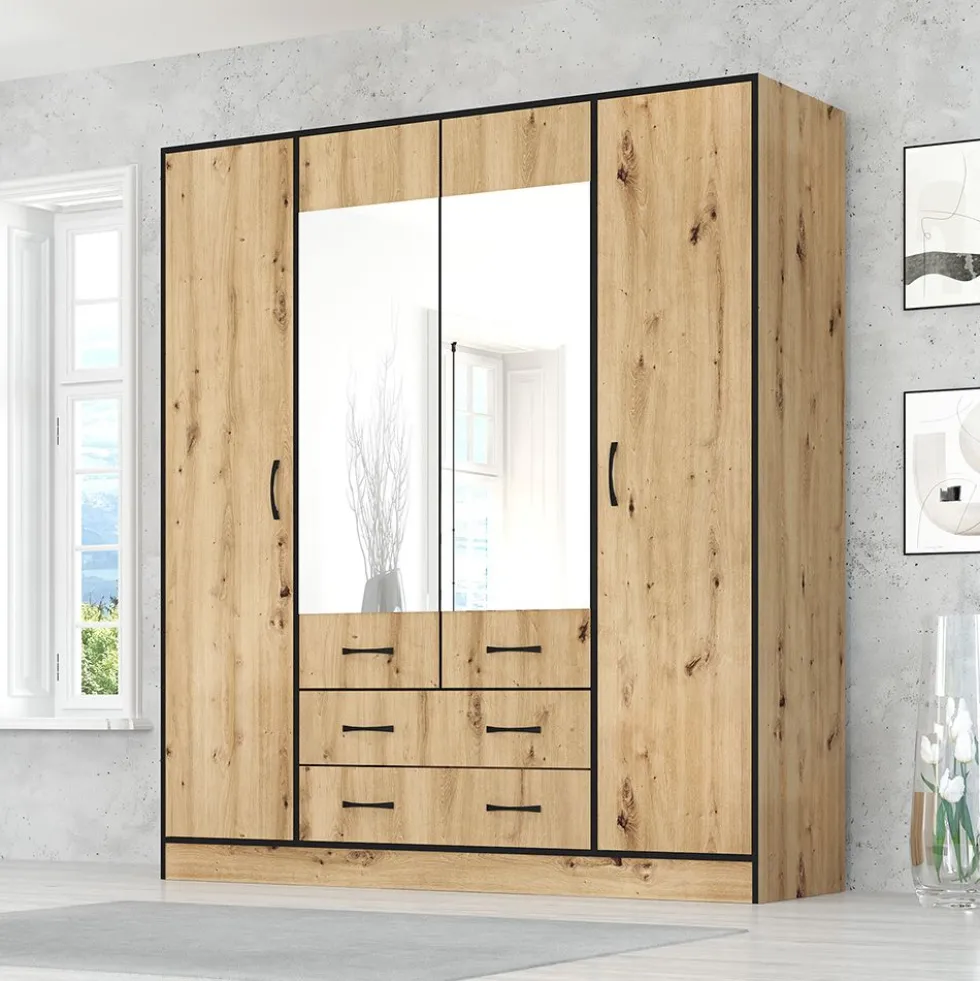 Armadio moderno con specchio e 2 cassetti 180x200 cm rovere chiaro e nero AG53