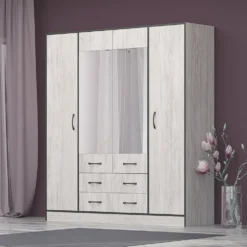 Armadio moderno con specchio e 2 cassetti 180x200 cm bianco effetto legno AG53