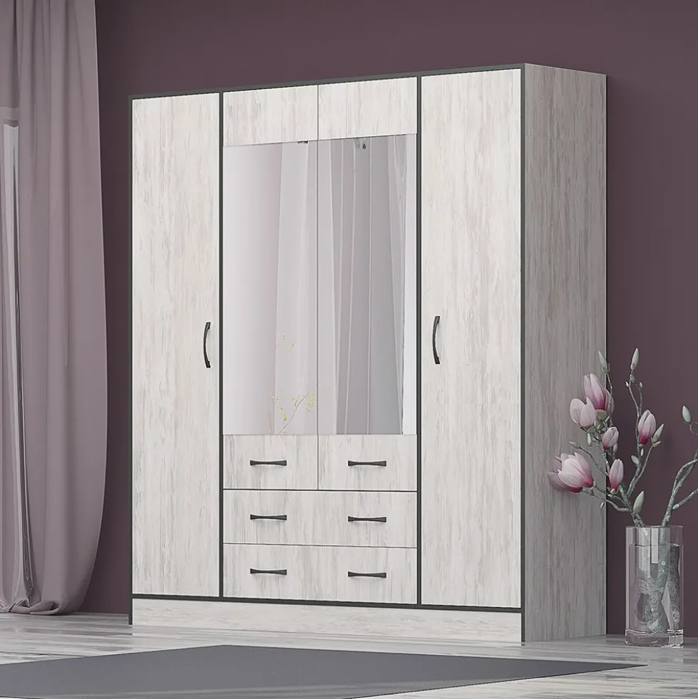 Armadio moderno con specchio e 2 cassetti 180x200 cm bianco effetto legno AG53