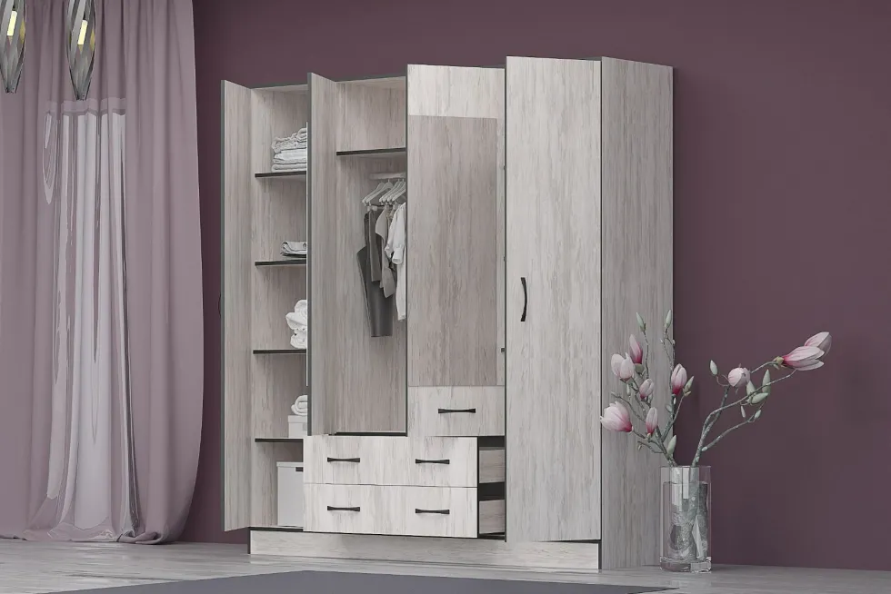 Armadio moderno con specchio e 2 cassetti 180x200 cm bianco effetto legno AG53