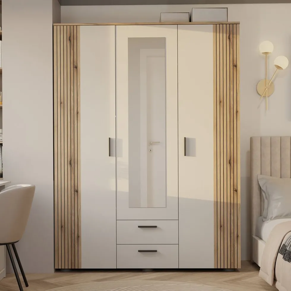 Armadio moderno 150x200 cm a 3 ante battenti cashmere e rovere AT2
