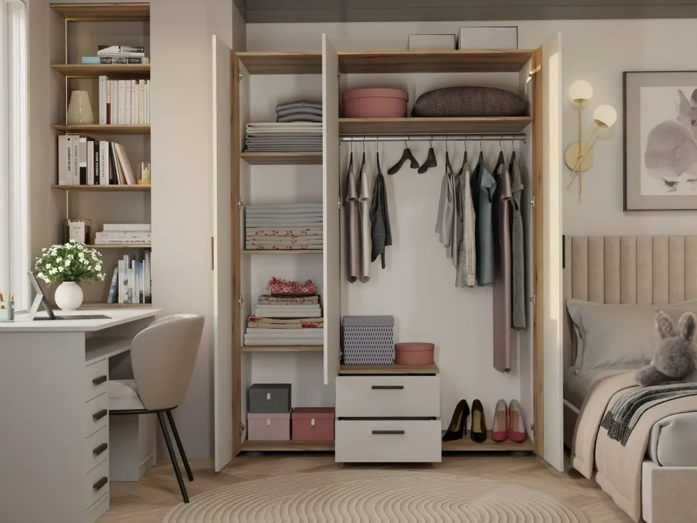Armadio moderno 150x200 cm a 3 ante battenti cashmere e rovere AT2