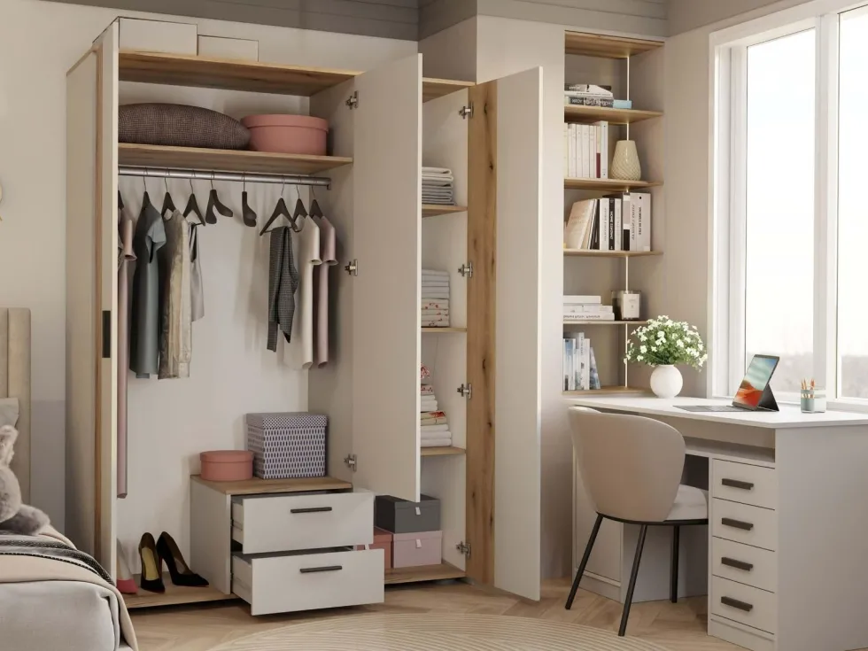 Armadio moderno 150x200 cm a 3 ante battenti cashmere e rovere AT2