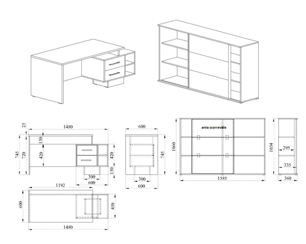 Arredo da ufficio in rovere chiaro e grigio cobalto lucido UI17