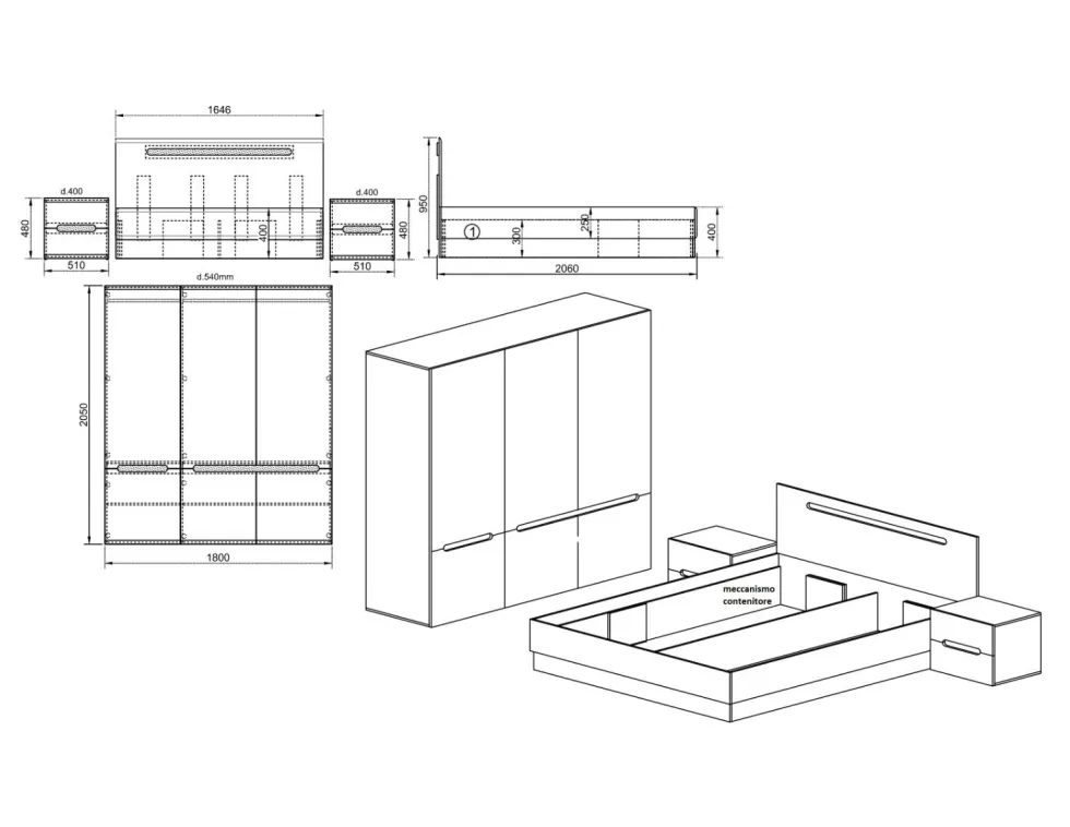 Camera da letto completa bianco lucido e rovere con comodini CDLI39