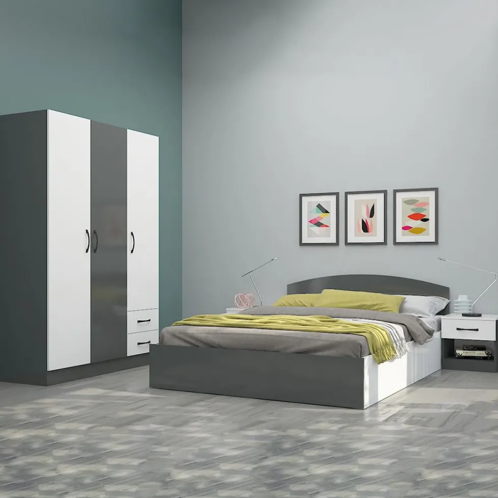 Camera da letto completa con letto a francese 140x190 design laccato bianco lucido e antracite CMG40