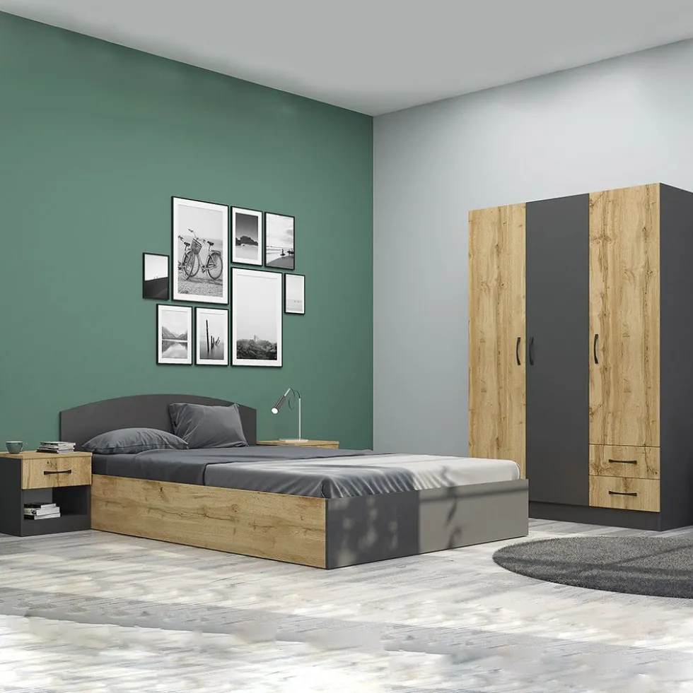 Camera da letto completa con letto a francese 140x190 design effetto legno rovere e antracite CMG40