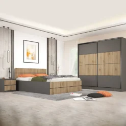 Camera da letto completa con letto contenitore 160x200 cm rovere cannettato e grafite CMG50