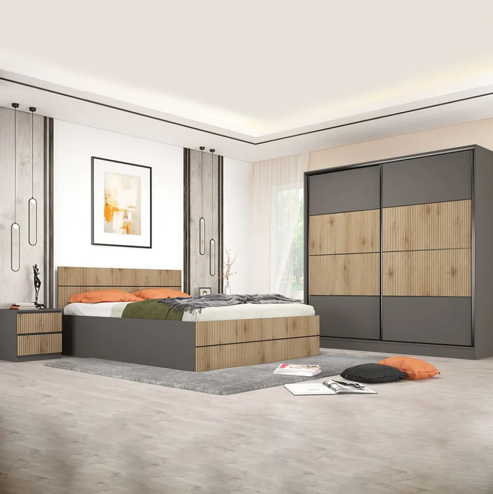 Camera da letto completa con letto contenitore 160x200 cm rovere cannettato e grafite CMG50