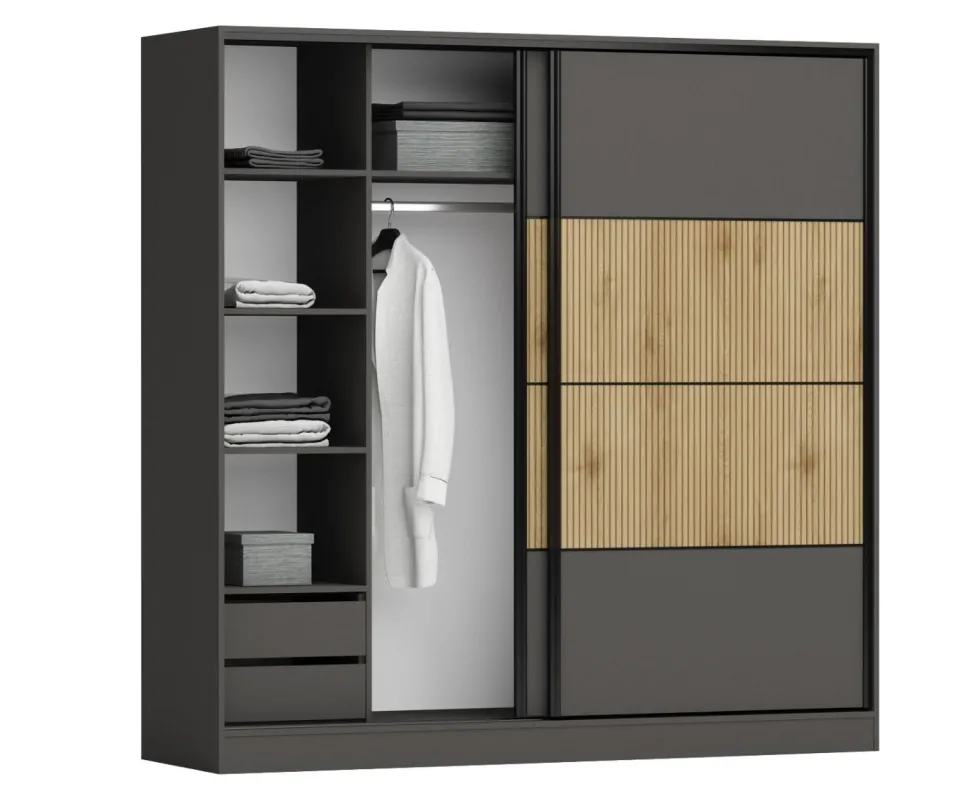 Camera da letto completa con letto contenitore 160x200 cm rovere cannettato e grafite CMG50