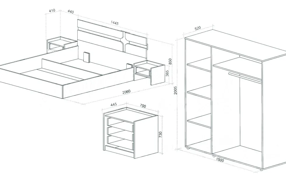 Camera da letto completa con letto contenitore 140x200 cm bianco lucido e noce CDLU39