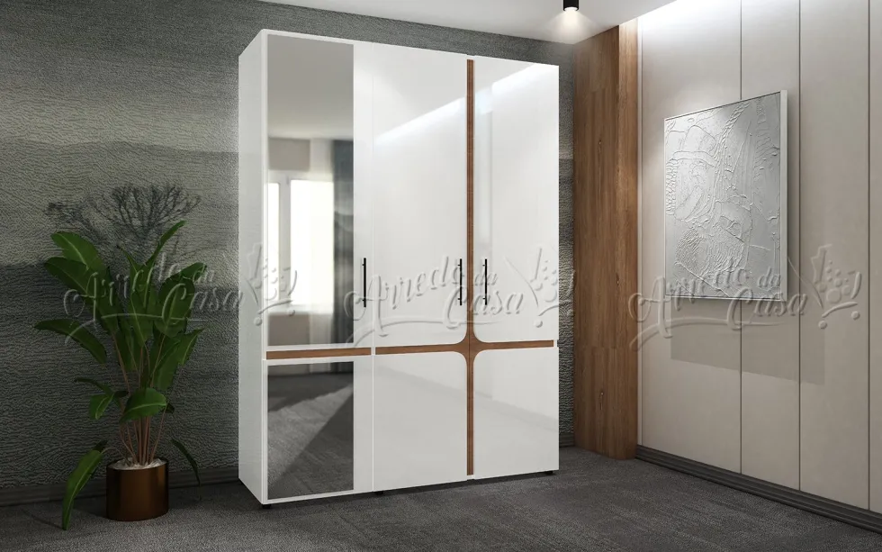 Camera da letto completa con letto contenitore 140x200 cm bianco lucido e noce CDLU39