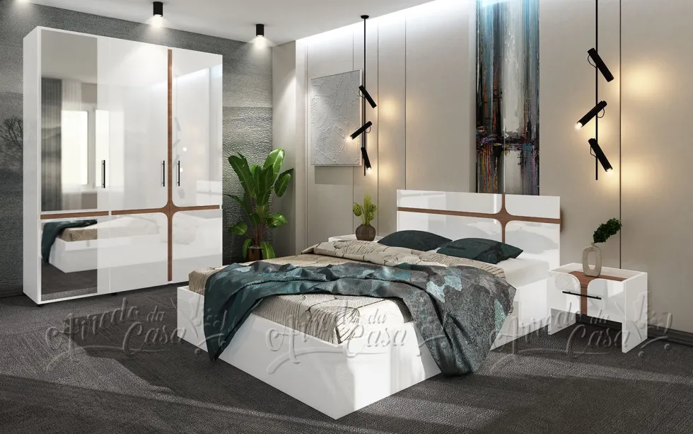 Camera da letto completa con letto contenitore 140x200 cm bianco lucido e noce CDLU39