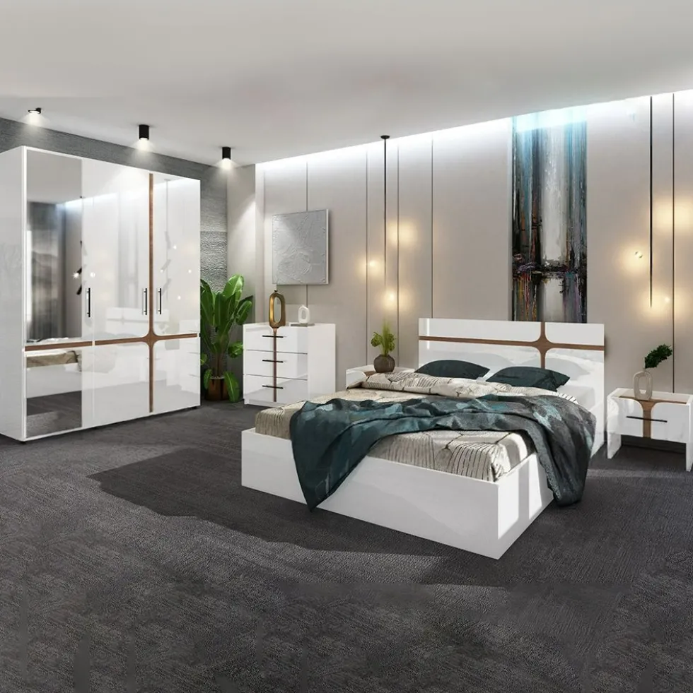 Camera da letto completa con letto contenitore 140x200 cm bianco lucido e noce CDLU39