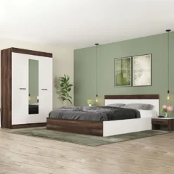 Camera da letto completa con letto contenitore 160x200 cm wengè e lino bianco CMG3