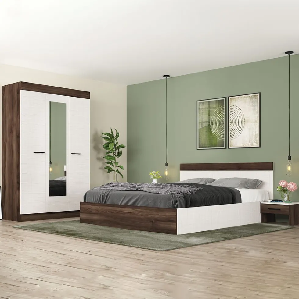 Camera da letto completa con letto contenitore 160x200 cm wengè e lino bianco CMG3