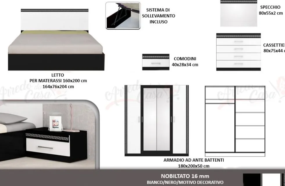 Camera da letto completa elegante con letto 160x200 cm bianca e nera CMG13