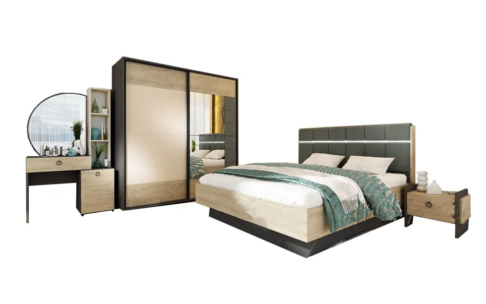 Camera da letto completa moderna 160x200 cm grafite quercia e beige CDLU37