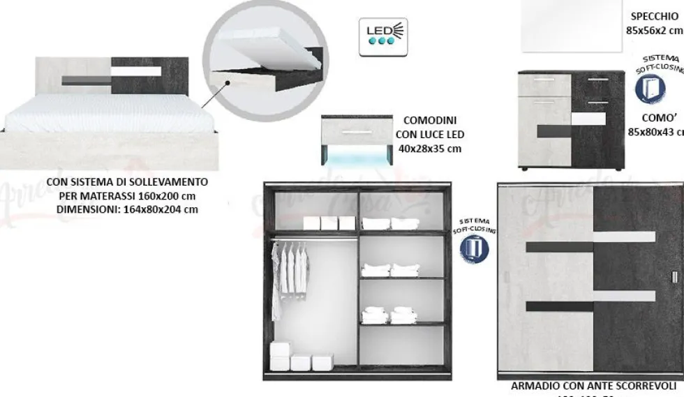 Camera da letto completa moderna 160x200 cm bianco opaco e nero opaco CMG12
