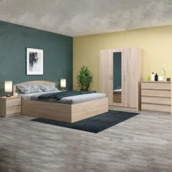 Camera da letto completa 160x200 con comò design moderno effetto legno sonoma CMG45