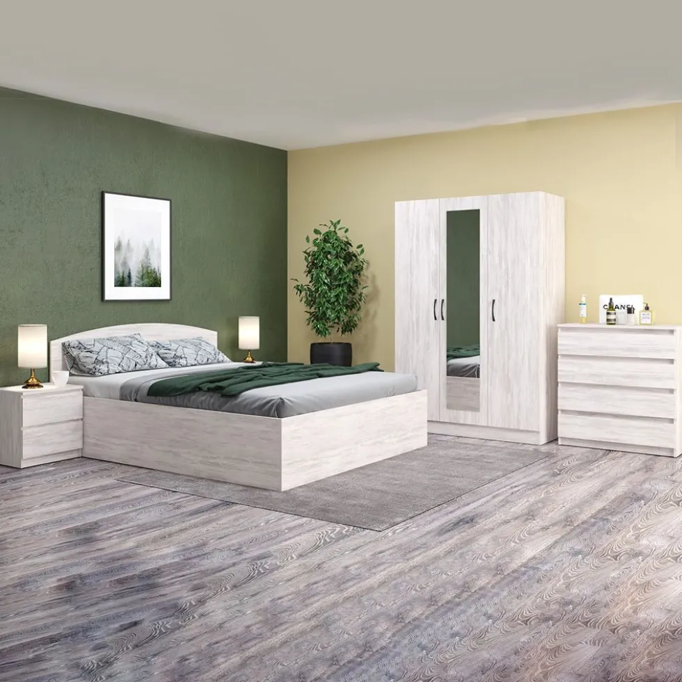 Camera da letto completa 160x200 con comò design moderno effetto legno bianco CMG45