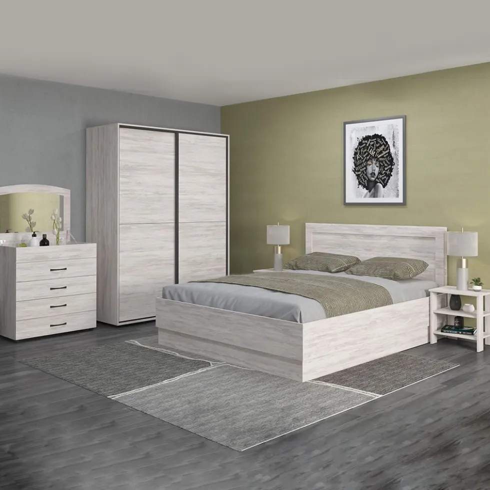 Camera da letto completa 160x200 con comò e specchio effetto legno bianco CMG44