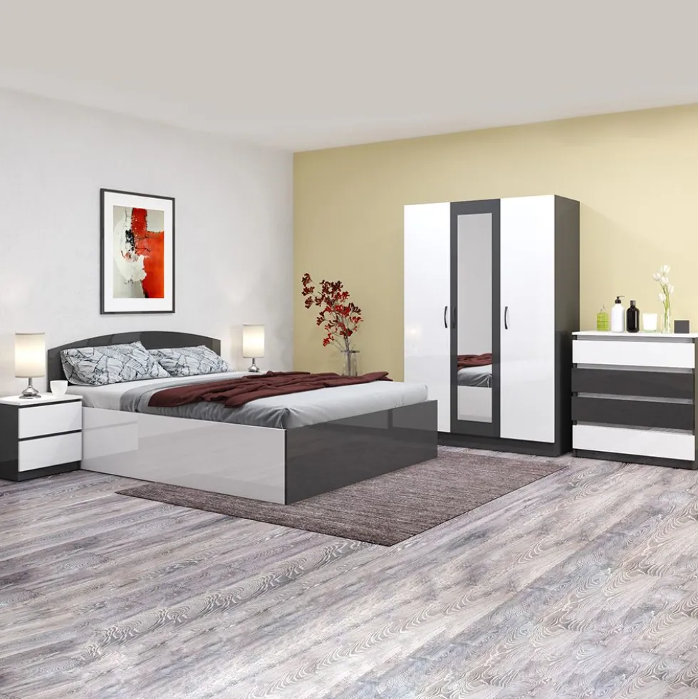 Camera da letto completa 160x200 con comò design moderno laccato bianco lucido e antracite CMG45