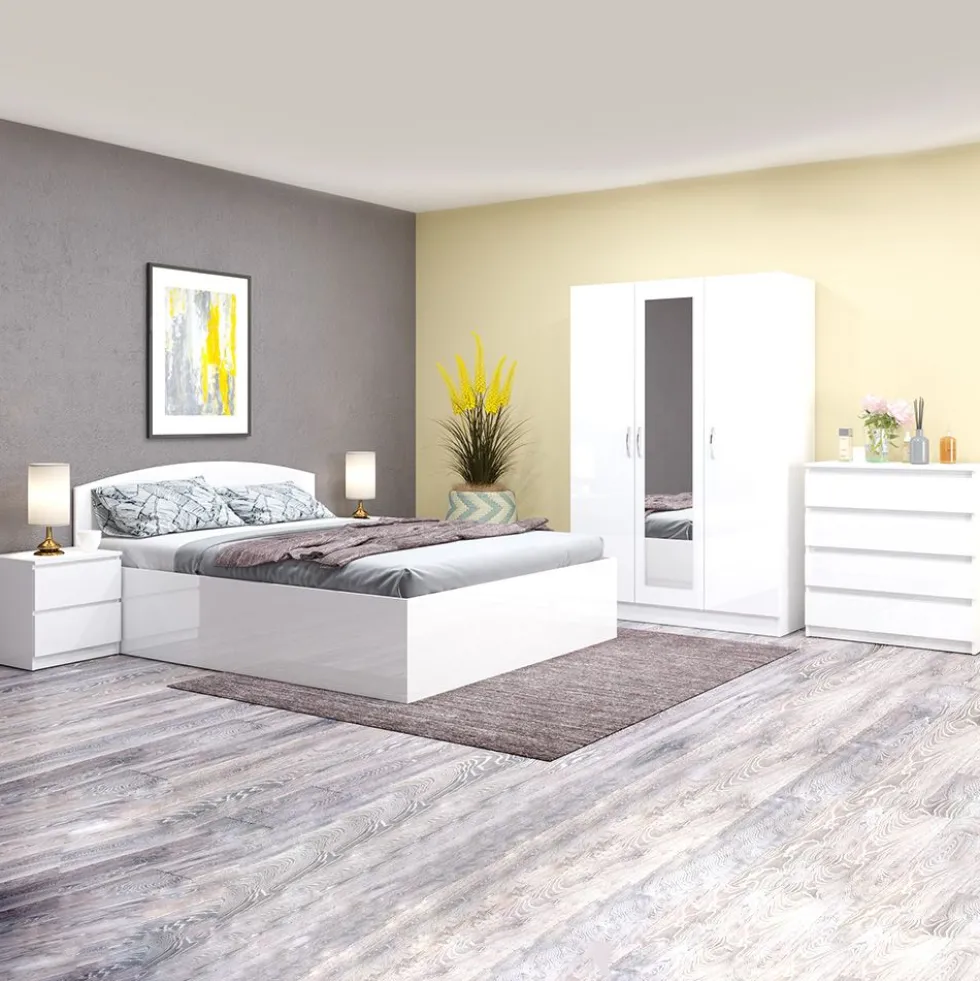 Camera da letto completa 160x200 con comò design moderno laccato bianco lucido CMG45