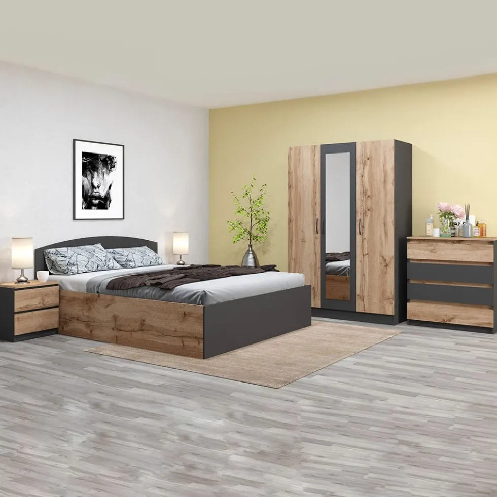 Camera da letto completa 160x200 con comò design moderno effetto legno rovere e antracite CMG45