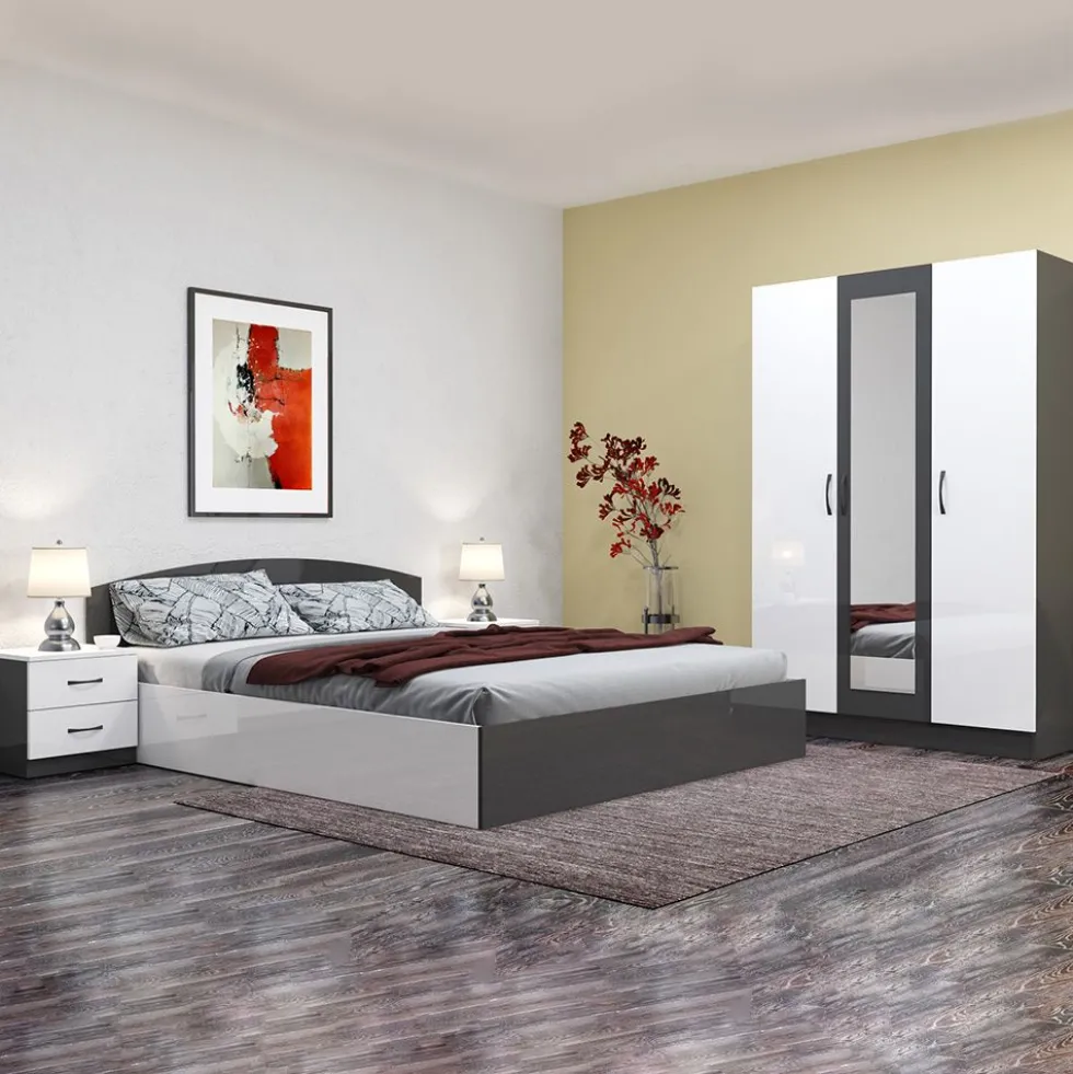 Camera da letto completa 160x200 design moderno effetto laccato bianco lucido e antracite CMG39