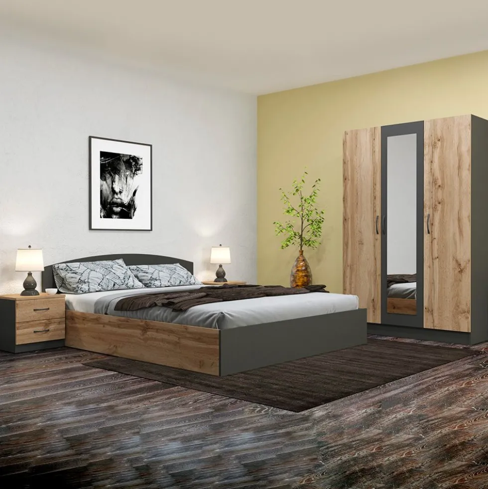 Camera da letto completa 160x200 design moderno effetto legno rovere e antracite CMG39