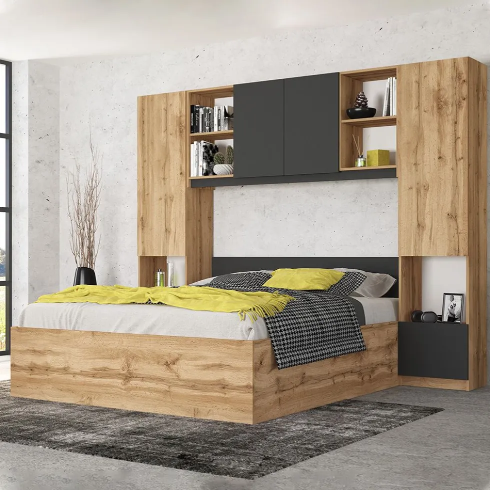 Camera da letto con armadio a ponte 254x200 cm rovere e antracite CMG49
