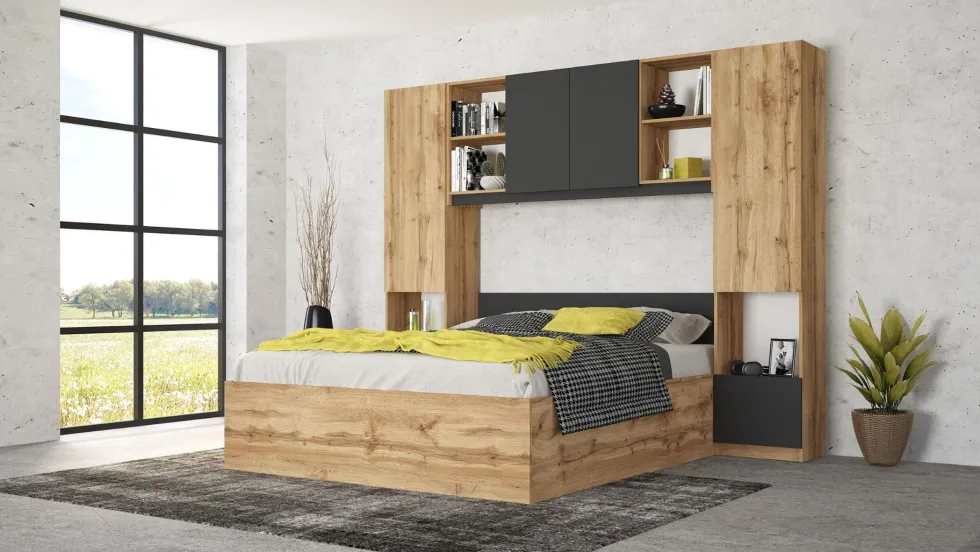 Camera da letto con armadio a ponte 254x200 cm rovere e antracite CMG49