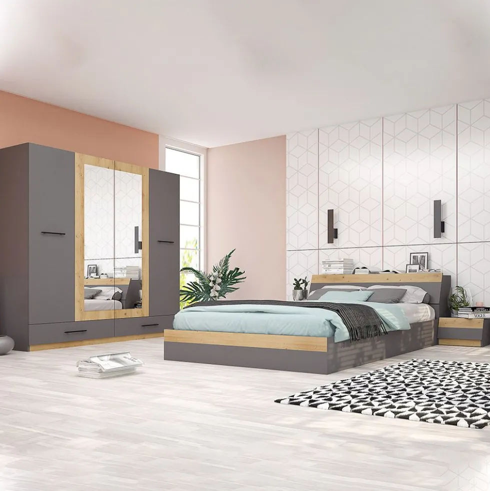 Camera da letto moderna completa 160x200 cm grafite e rovere CMG15
