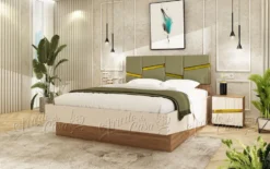 Camera matrimoniale completa 160x200 cm con letto contenitore in noce, beige e verde oliva CDLU38