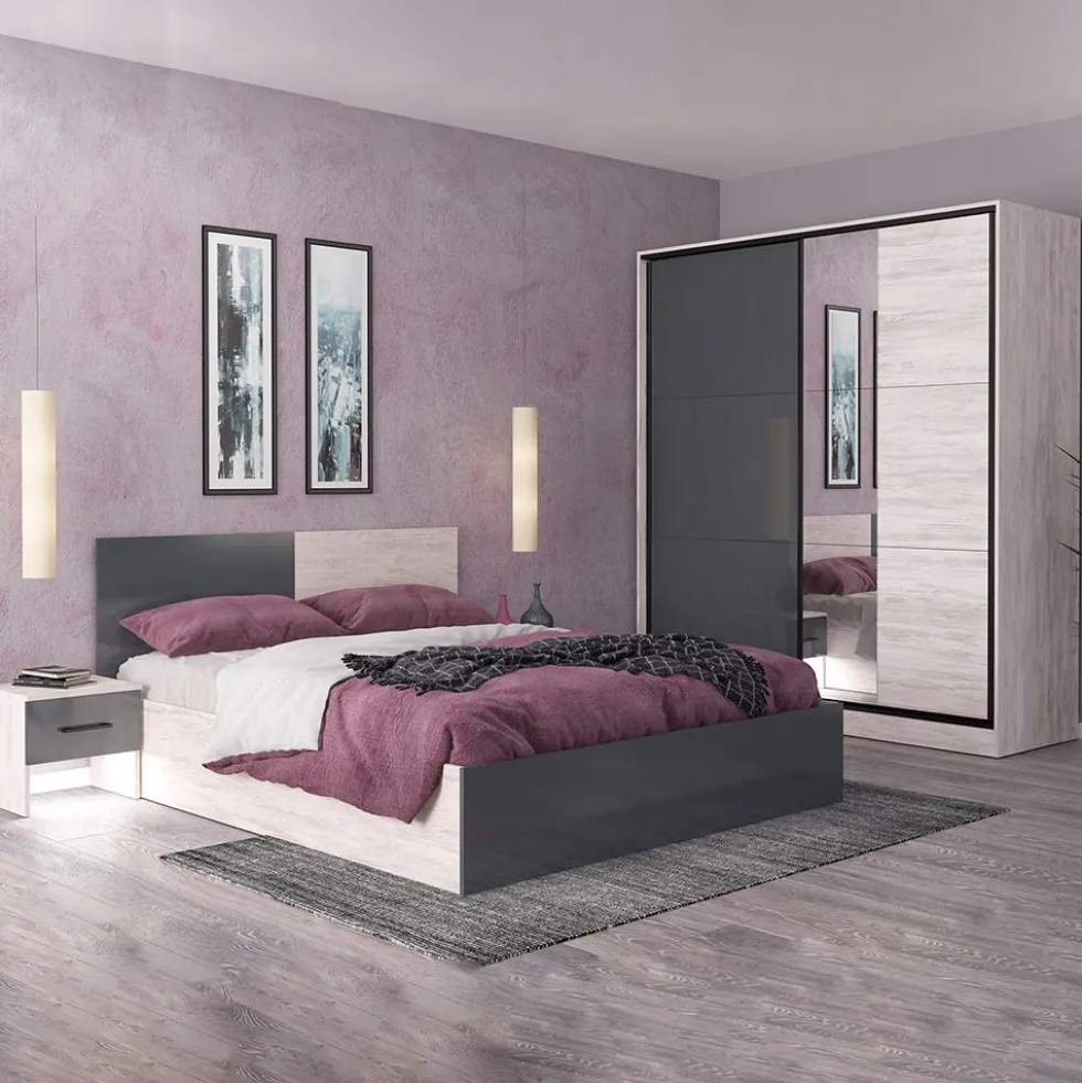 Camera matrimoniale completa 160x200 cm in rovere bianco e grigio lucido CMG31