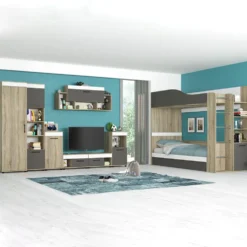 Cameretta completa con letto a castello contenitore 90x200 cm in rovere, antracite e bianco CBG11