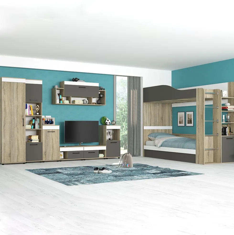 Cameretta completa con letto a castello contenitore 90x200 cm in rovere, antracite e bianco CBG11