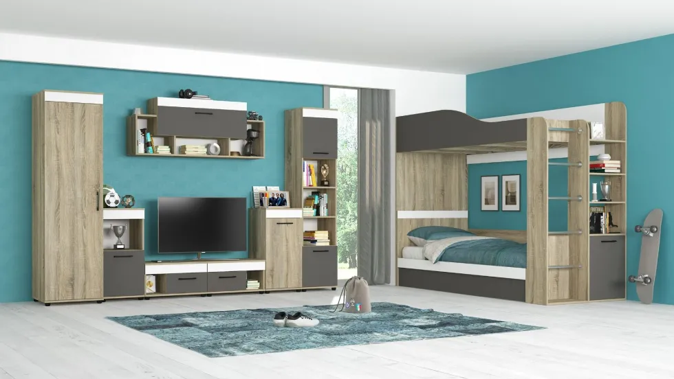 Cameretta completa con letto a castello contenitore 90x200 cm in rovere, antracite e bianco CBG11