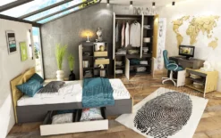 Cameretta completa moderna, letto con cassetti 90x200 cm in grafite, rovere chiaro e beige CCU21