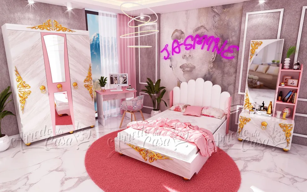 Cameretta moderna completa 120x190 cm bianco marmo e rosa CCU20