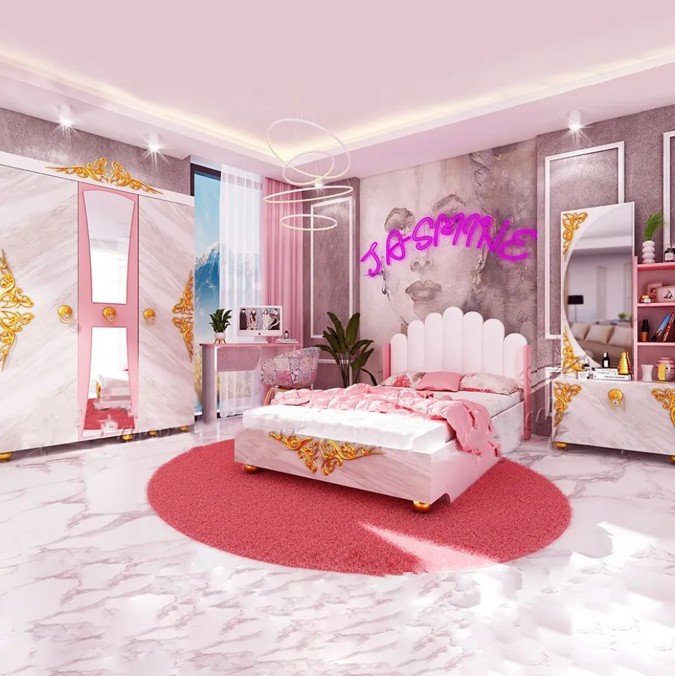 Cameretta moderna completa 120x190 cm bianco marmo e rosa CCU20