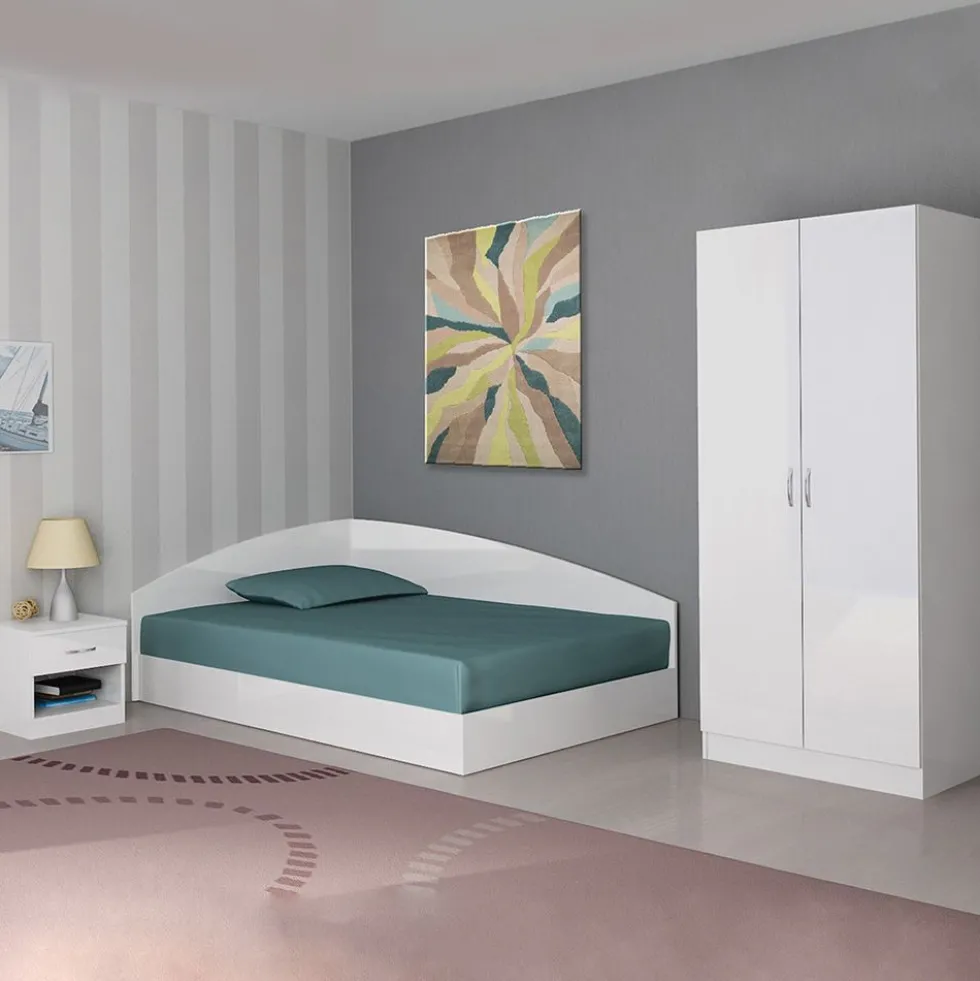 Cameretta 120x190 completa con letto a una piazza e mezza ad angolo bianco lucido CBG8