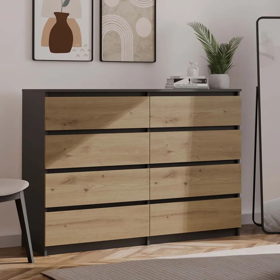 Cassettiera moderna con 8 cassetti 138x40x97 cm rovere e antracite CMMT13