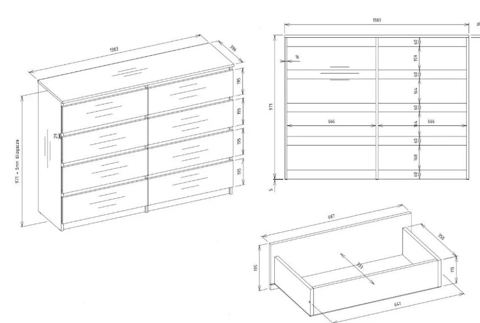 Cassettiera moderna con 8 cassetti 138x40x97 cm bianca CMMT13