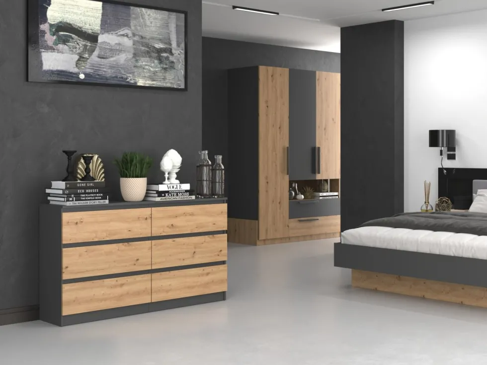 Cassettiera moderna con 6 cassetti 138x40x75 cm rovere e antracite CMMT11
