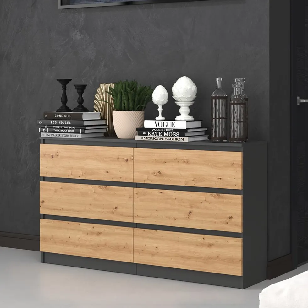 Cassettiera moderna con 6 cassetti 138x40x75 cm rovere e antracite CMMT11