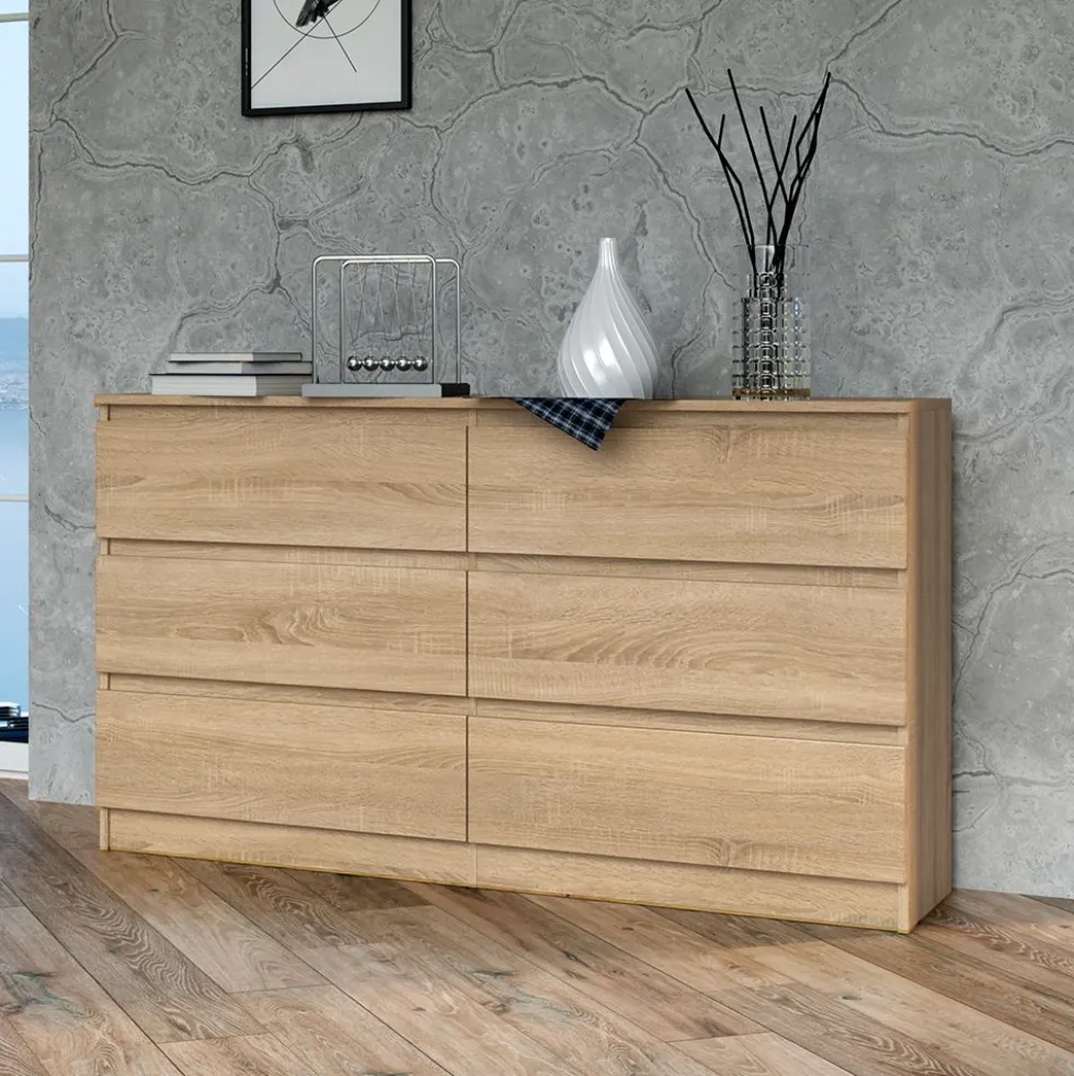 Cassettiera moderna con 6 cassetti 138x40x75 cm rovere chiaro CMMT11